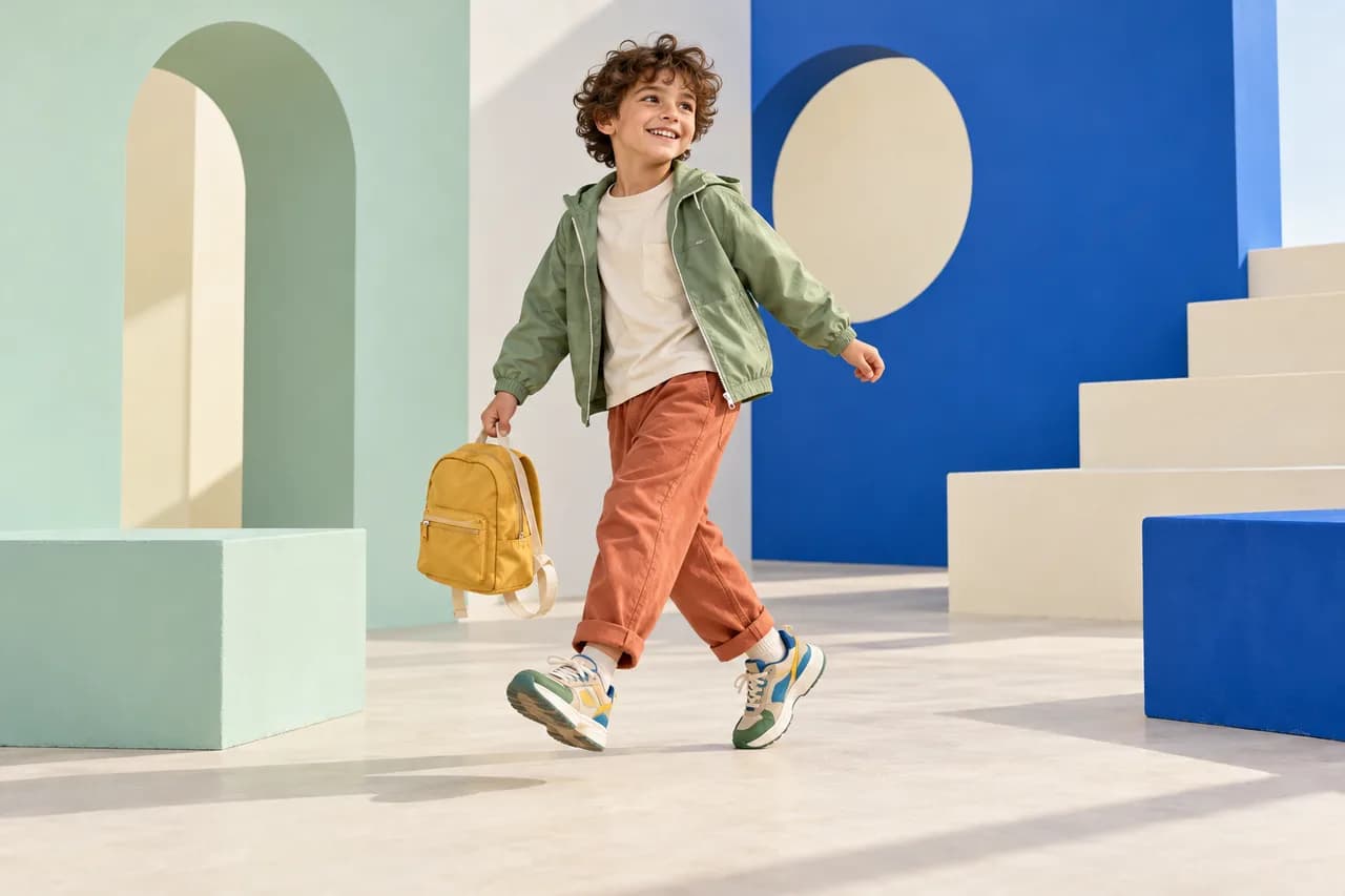 Fictional AI-created fully dressed child with backpack
