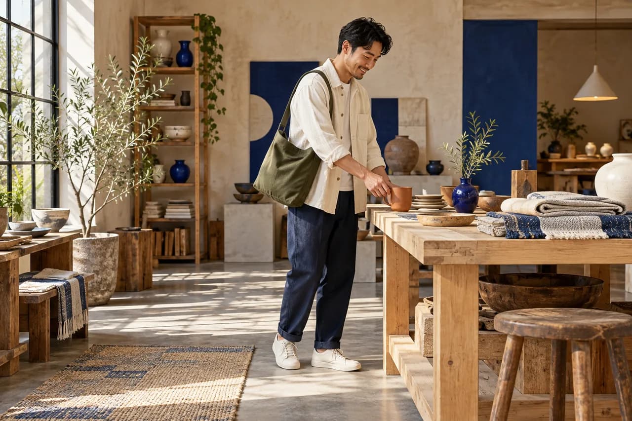 Fictional AI-created adult artisan with bag and homeware