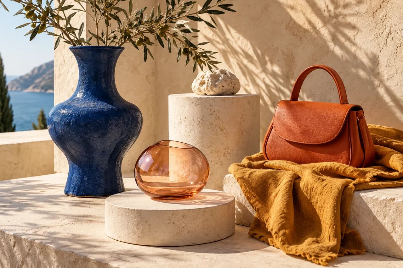 Blue pottery and leather bag in a sunlit atelier