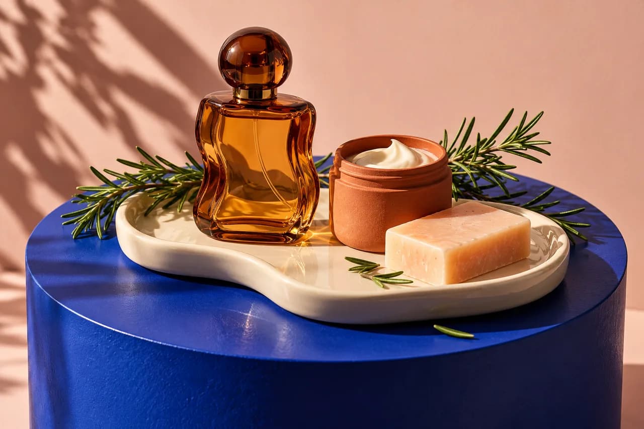 Amber perfume bottle and artisan skincare on a blue plinth