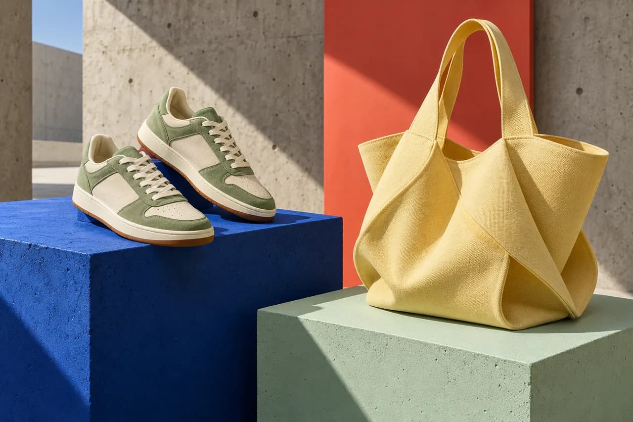 Sage sneakers and yellow tote on colourful plinths