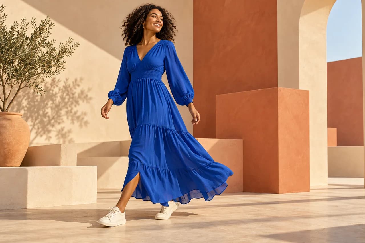 Fictional AI-created adult woman wearing a blue dress